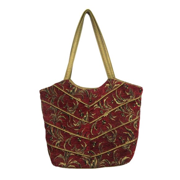 Womens Red Corduroy Tote Shoulder Bag Floral Gold Piping & Handles Flat Bottom - Picture 1 of 9